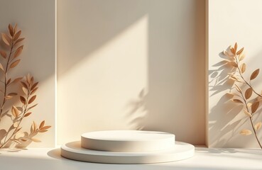 Aufkleber - Minimal nature scene with empty white circle podium on beige background. Soft shadows from tree leaves on wall. Pedestal perfect for cosmetic product, packaging mockups, display or presentation.