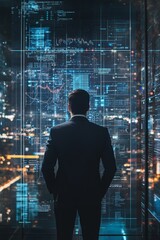 Wall Mural - a man in a suit stands in front of a window looking out at a city