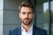 © miss irine - Close-up portrait of serious handsome man in business suit. Confident entrepreneur, freelancer looks at camera. Successful businessman, manager, boss, hr, employer. Leadership, recruitment, headshot,