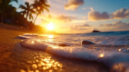 Wall Mural - a serene sunset over the ocean with gentle waves and palm trees along the beach.