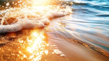 Wall Mural - Golden sunlight reflecting on gentle ocean waves at sunset.