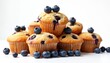 © miss irine - Stack of tasty blueberry muffins. Sweet dessert snack. Fresh homemade pastry treat, delicious breakfast baked. Fruit cupcakes with blueberries on top isolated on transparent background. Perfect