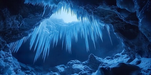 Wall Mural - Serene Frozen Cave with Glimmering Icicles and Soft Light