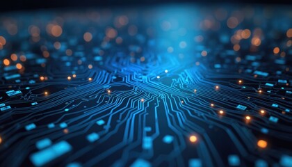 Leinwandbilder - Blue lights illuminate detailed circuit board pattern. Tech computing background. Electronic glowing design with microchips, hardware. Abstract innovation, engineering complexity. Modern futuristic