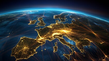 Fototapete - Inspiring aerial view of Europe represented by a glowing globe amidst vibrant data connections and technological advances : Generative AI