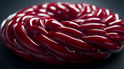 red looped strands, glossy surface, twisting pattern. dark background for web design, arts, crafts