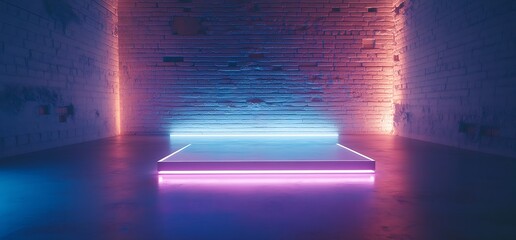 Fototapete - Minimalistic neon-lit platform in a dim space promoting a unique artistic and futuristic vibe : Generative AI