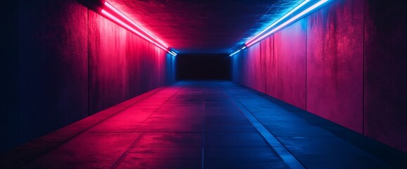 Fototapete - Futuristic underground tunnel illuminated with vibrant neon lights in shades of red and blue : Generative AI
