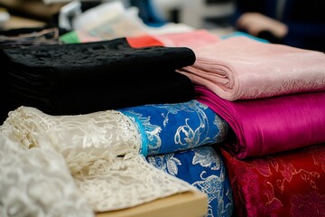 Poster - Elegant Handcrafted Fabrics Stacked Neatly in a Textile Store for Fashion Designers : Generative AI