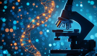 Fototapete - Illuminated microscope examining DNA strands in a vibrant scientific backdrop emphasizing research and technology : Generative AI