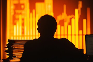 Wall Mural - A man is sitting at a desk with a computer and a stack of papers