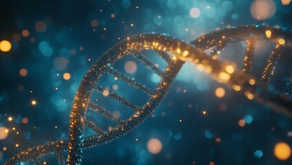 Fototapete - Glowing DNA Helix on a Blue Bokeh Background with Sparkling Elements : Generative AI