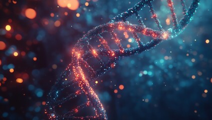 Poster - Stunning 3D representation of a DNA strand illuminated by vibrant lights showcasing biological data : Generative AI