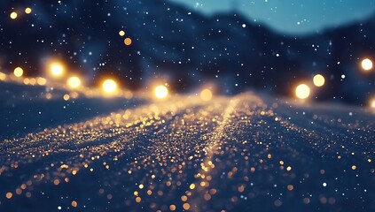 Poster - Elegant snowy road illuminated by warm glowing lights creating a cozy winter scene with a sparkling effect : Generative AI