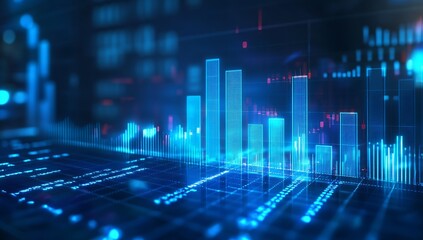 Fototapete - Futuristic digital financial data analysis with glowing blue bar graphs and statistics metrics : Generative AI