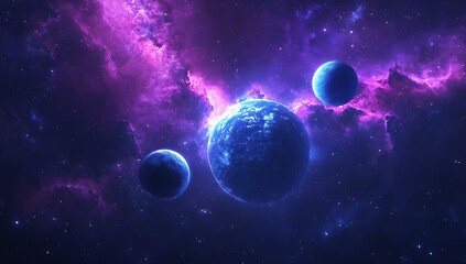 Poster - Captivating view of vibrant planets emerging in a surreal purple cosmic landscape : Generative AI