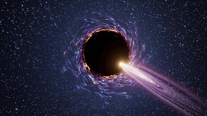 Wall Mural - Supermassive black hole with glowing accretion disk bending spacetime, generating powerful radiation jets against immense cosmic darkness of deep space