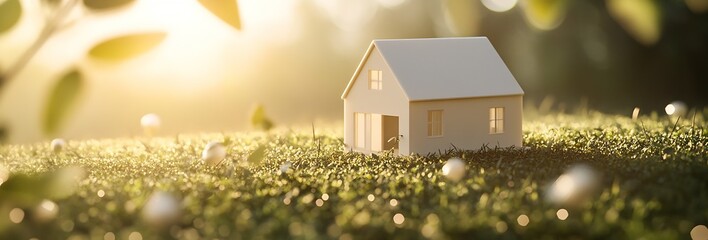 Poster - Charming miniature house surrounded by soft grass and delicate sunlight creating a peaceful home atmosphere : Generative AI