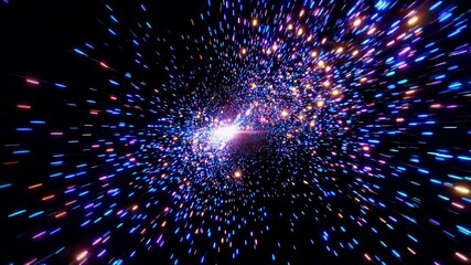 Wall Mural - Colorful particles and light streaks are expanding from the center against a black background, creating a visually stunning representation of a growing universe or similar cosmic event