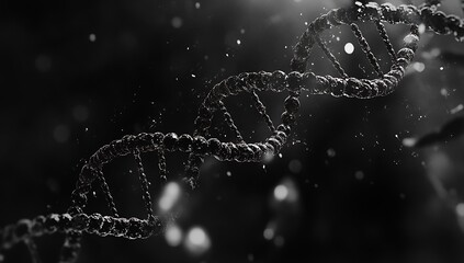 Poster - Stunning close up of a black and white DNA double helix immersed in gentle light particles : Generative AI