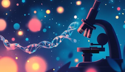 Fototapete - Stylish microscope in a scientific setting with glowing DNA strand and vibrant bokeh effect creating a sense of discovery : Generative AI