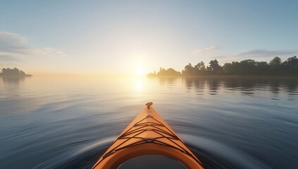Poster - Peaceful sunrise reflections on calm lake viewed from a kayak at dawn : Generative AI