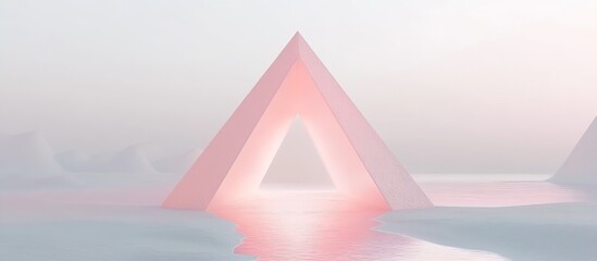 Poster - Calm and ethereal landscape featuring a pink pyramid surrounded by reflective water : Generative AI