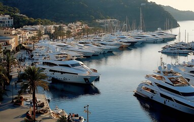 Poster - Beautiful coastal scene with stunning yachts docked at a vibrant marina surrounded by nature : Generative AI