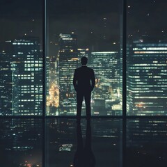Wall Mural - a man stands in front of a window looking out at the city