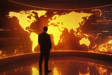 Poster - Business Executive Observing Bright World Map on High-Tech Screen with Digital Data : Generative AI