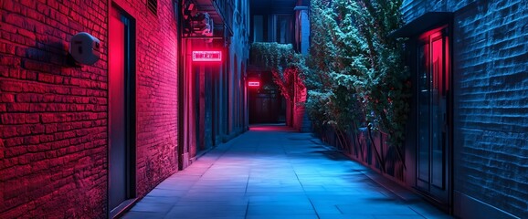 Fototapete - Stylish modern alleyway adorned with neon signs and vibrant green foliage in an urban setting : Generative AI