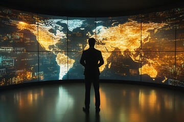 Leinwandbilder - Silhouette of a businessman observing a global map on a high-tech display showcasing interactivity and modern data processing : Generative AI