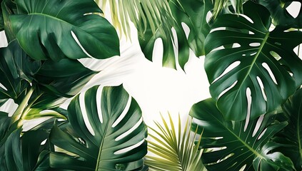 Aufkleber - Elegant Arrangement of Tropical Leaves Framing a Light Space Perfect for Fresh and Natural Themes in Design : Generative AI