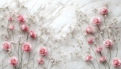 Poster - Charming display of pink roses intertwined with greenery creating a romantic floral composition on marble : Generative AI