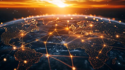 Leinwandbilder - Stunning View of the Earth with Network Connections and Glittering Lights at Sunset : Generative AI
