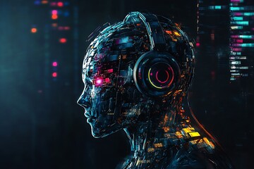 Fototapete - Futuristic robot head wearing headphones showcasing vibrant neon technology and digital aesthetics : Generative AI