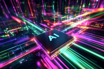 Poster - Vivid digital art showcasing artificial intelligence with radiant light patterns and motion effects : Generative AI