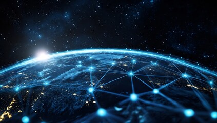 Fototapete - Breathtaking perspective of the Earth showcasing glowing networks against a starry background : Generative AI