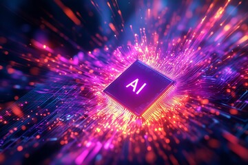 Leinwandbilder - Vibrant and striking image of an AI chip emitting radiant bursts of light and colorful energy : Generative AI