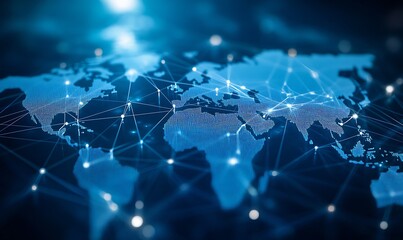 Fototapete - Detailed depiction of a global network connection map with luminescent links and a modern touch : Generative AI