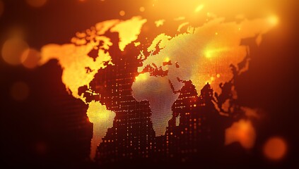 Poster - Illuminated world map with sparkling connections illustrating global interaction in a warm color palette : Generative AI