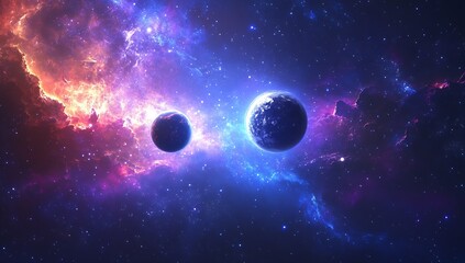 Poster - Stunning cosmic view featuring two planets amidst a vibrant nebula in deep space : Generative AI