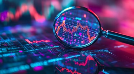 Poster - Examining stock market fluctuations through a magnifying glass over vibrant financial data on a sleek display : Generative AI