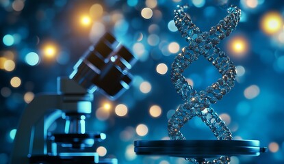 Fototapete - Close-up view of a DNA double helix and microscope symbolizing advanced molecular biology research : Generative AI