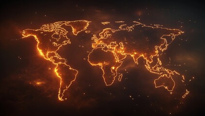 Fototapete - Illuminated World Map with Glowing Orange Lines Representing Data Connections Across Continents : Generative AI