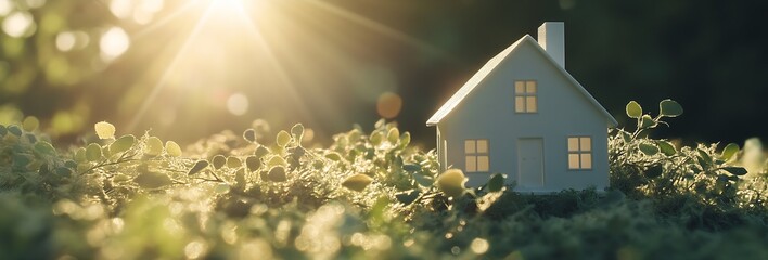 Poster - Charming model house surrounded by green flora in warm sunlight creating a serene and peaceful atmosphere : Generative AI