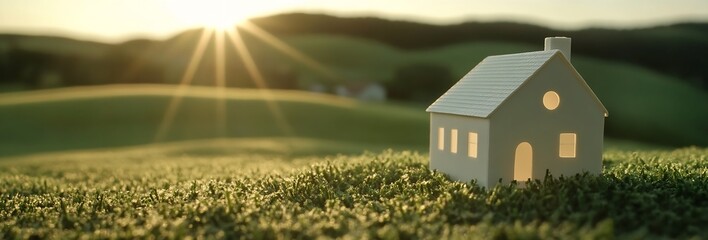 Poster - Enchanting tiny house with warm light against vast gentle hills bathed in the golden glow of sunset : Generative AI