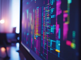 Leinwandbilder - Vivid display of colorful data visualization metrics on a large computer screen in a stylish office setting : Generative AI