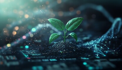 Poster - A young green plant emerging from dark soil surrounded by glowing digital elements and charts : Generative AI