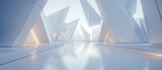 Aufkleber - Futuristic and elegant interior layout showcasing angular shapes and reflective surfaces under soft light : Generative AI